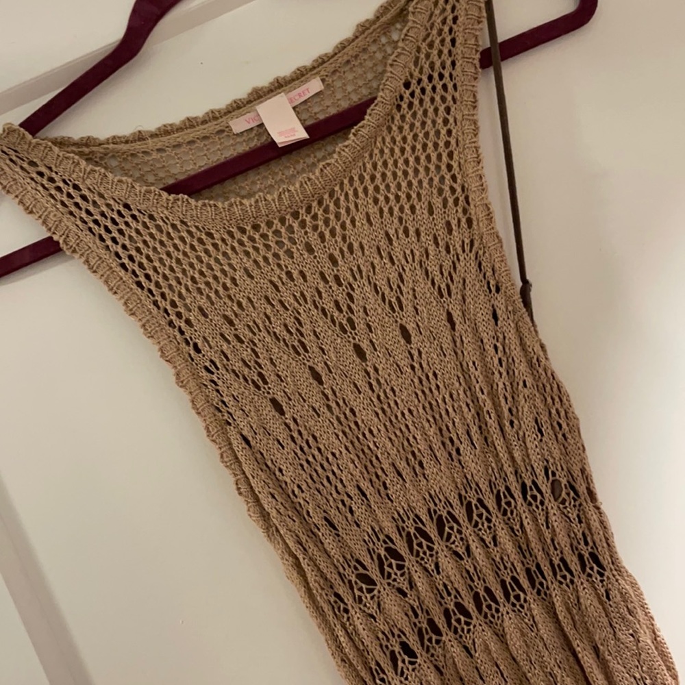 VS light brown crochet knit dress with separate brown thin strap slip lining